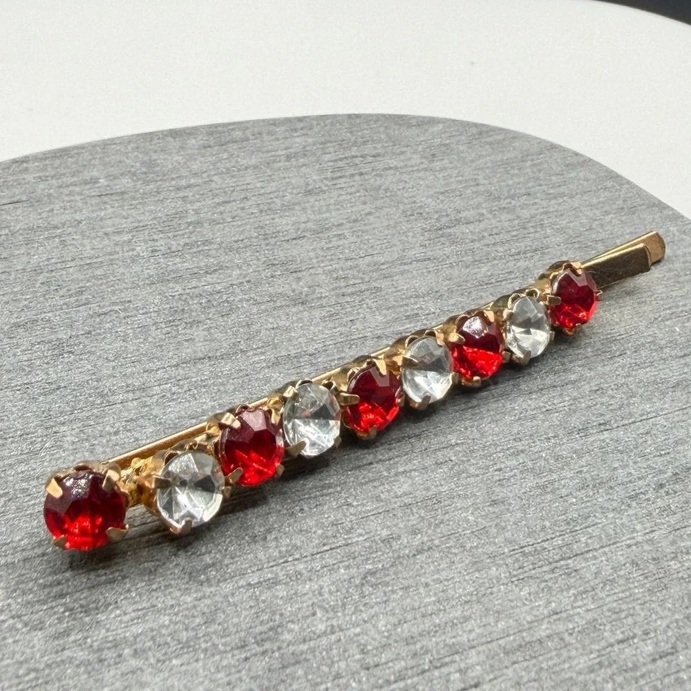 Gold Tone Red Clear Rhinestone Hair Barrette Clip Prong Set Bridal Accessory